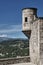 The stone turret and walls of the medieval castle