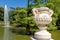 Stone vase as a detail of famous Crystal Palace in Retiro park in Madrid