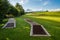 Stone walk way, sidewalk, pathways in a green park with the bavarian alps in the background