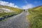 Stone walk way to alp mountain with people hiking, green grass a