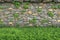Stone wall background framed by lush green grass, natural harmony