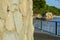 Stone wall on background of Islet on Punta Rata beach in the resort town of Brela