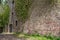 Stone wall of the ruins of an old castle of Schloss Neuenburg in Germany, overgrown with ivy, in spring.