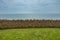 Stone wall separating green meadow from the horizon