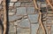 Stone wall, texture, background. Grapevine on the background of a granite fence