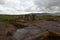 Stone walls uncovered by archaeologists at the Puma Punku, a UNESCO world heritage site. Tiwanaku, Bolivia