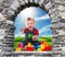 Stone windows with baby boy playing with soft bricks