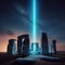 Stonehenge like monument with blue beam emitted from core