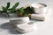 Stones with acupuncture needles on white table