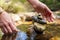 Stones Arranged In Zen Towers By The River Bed On A Summers Day