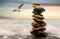 Stones balance on beach, sunrise shot. Seagull in flight