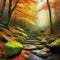 Stones Covered with Colorful Moss in the Autumn Mountain Forest Art Fall Mysterious Wood Atmospheric CG Digital Painting