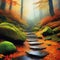 Stones Covered with Colorful Moss in the Autumn Mountain Forest Art Fall Mysterious Wood Atmospheric CG Digital Painting