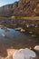 Stones covered with white salt in a shallow river, reflected in water.