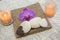 Stones for massage, candles and a flower of orchids on natural natural napkins, pleasant tones, a spa.