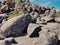 Stones on the slope of a hill in different shapes with engravings on them, cool for background