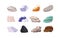 Stones, small rocks set. Smooth and rough minerals, gems of different shapes. Skarn, amber, gypsum, marble, calcite