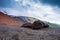 Stones of volcanic flow on slope of volcano