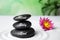 Stones with words Mind, Body, Soul and lotus flower on sand. Zen garden