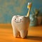 Stoneware cartoon tooth holding a toothbrush