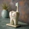 Stoneware cartoon tooth holding a toothbrush