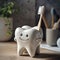 Stoneware cartoon tooth holding a toothbrush