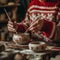 Stoneware teacher holding brush and coloring the items