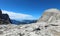 Stony plateau that looks almost like a lunar landscape in the Dolomites mountain range in the European Alps