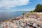 Stony shore of big reservoir with pine forest against sky