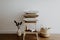 Stool with pillows, vase with dried flowers and basket with textile