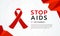 Stop aids banner with red ribbon sign on abstract line earth world background vector design