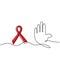 Stop Aids continuous one line drawing. A hand`s people showing to stop HIV Aids with red ribbon isolated on white background.