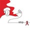 Stop Aids continuous one line drawing. A young man standing with hand gesture to show stop HIV Aids and red ribbon isolated on