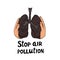 Stop air pollution modern illustration with female hands holding diseased lungs