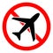 Stop or ban red round sign with airplane icon. No flights. Flights banned