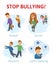 Stop bullying in the school. 4 types of bullying: verbal, social, physical, cyberbullying. Cartoon vector illustration