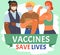 Stop coronavirus agitation concept. Vaccination promo, immunization of workers. Vaccine saves lives