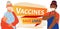 Stop coronavirus agitation concept. Vaccination promo, immunization of workers. Vaccine saves lives
