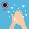 Stop coronavirus COVID 19. Red sign. Wash hands with soap soap foam bubble. Cute cartoon character hand body part. Personal