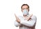 Stop coronavirus pandemics. Caucasian middle-aged man in formal shirt and a protective medical mask makes a prohibiting