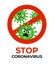 Stop coronavirus sign with bacterium cartoon gems in flat style