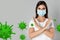 Stop Covid-19 outbreak. Woman wearing medical mask surrounded by virus on light background