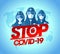 Stop covid-19 poster with scientists, lifeguards and doctors dressed in protective suits and masks