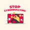 Stop Cyberbullying text with sad woman sitting on laptop. Social media bullying, Cyber bullying.