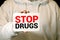 Stop Drugs words on Brick Wall Addiction awareness, Say No to Substances Abuse concept