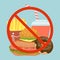 Stop fast food eating, bad dish hamburger, soda, donuts and french fries flat vector illustration. Prohibition sign