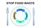 stop food waste text, plate with plan, store, eat, compost arrows, sustainable food