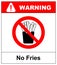 Stop French fries. Ban fatty fast food. Sliced potatoes in paper box. Emblem against eating. Red prohibition sign