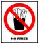 Stop French fries. Ban fatty fast food. Sliced potatoes in paper box. Emblem against eating. Red prohibition sign