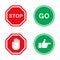 Stop and go signs in red and green with hand